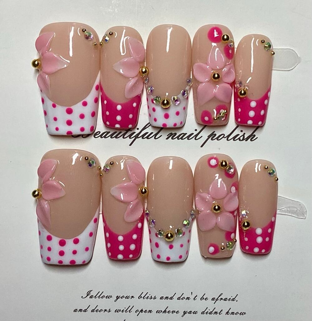 3D Flowers Pink White Polka Dot French Tips Handmade Square Press-On Nails Large